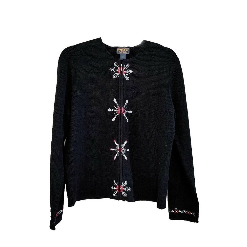 Woolrich Full Zip Sweater Vintage Snowflakes Christmas Large Black Grannycore